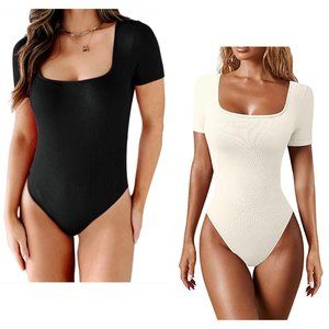 🆕 Pair of Square Neck Ribbed Bodysuits - 2 Pc - Black & Ivory